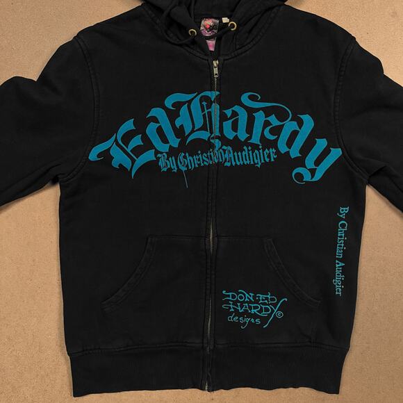 Vintage Ed Hardy Full Zip Hoodie Sweatshirt Faded Black Grunge Goth Emo Y2K - Picture 4 of 16